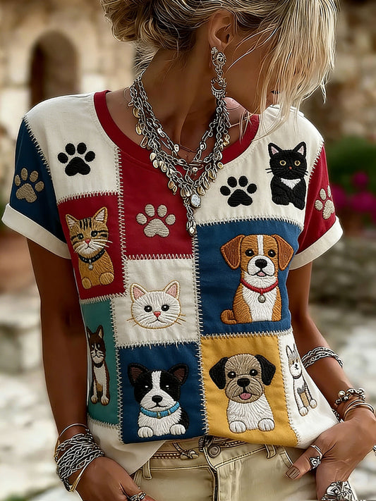 Kvinnors katt och hund Print Casual T-shirt