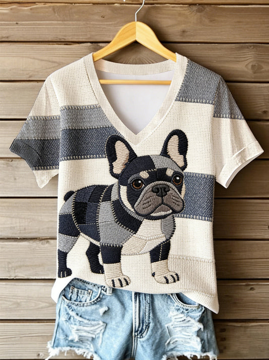 Dams vintage canvast-shirt med hundmönster, paddstickat och tryckt, V-ringning