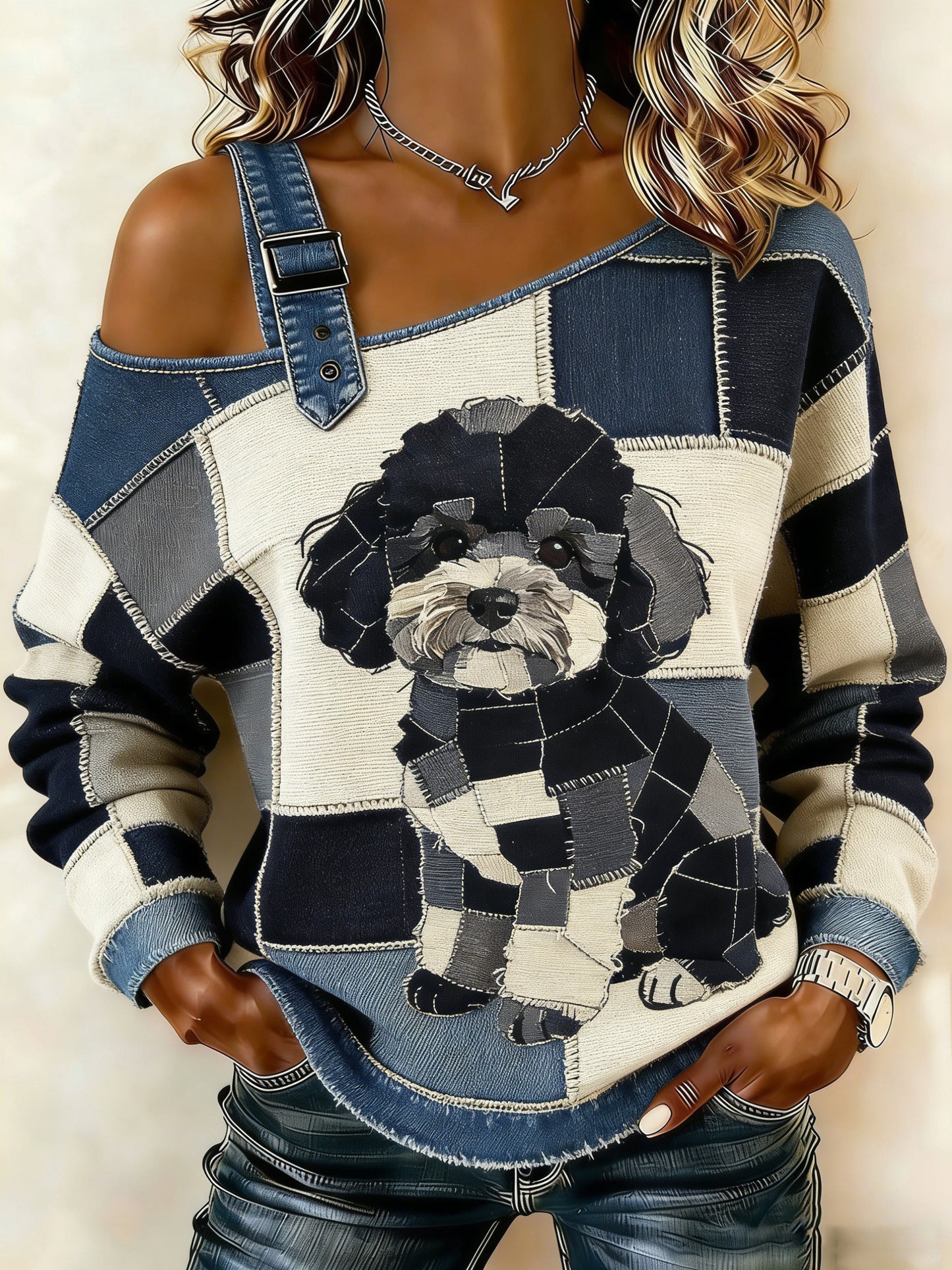Kvinnors Vintage Canvas hund patchwork Print Casual Off-Shoulder Sweatshirt
