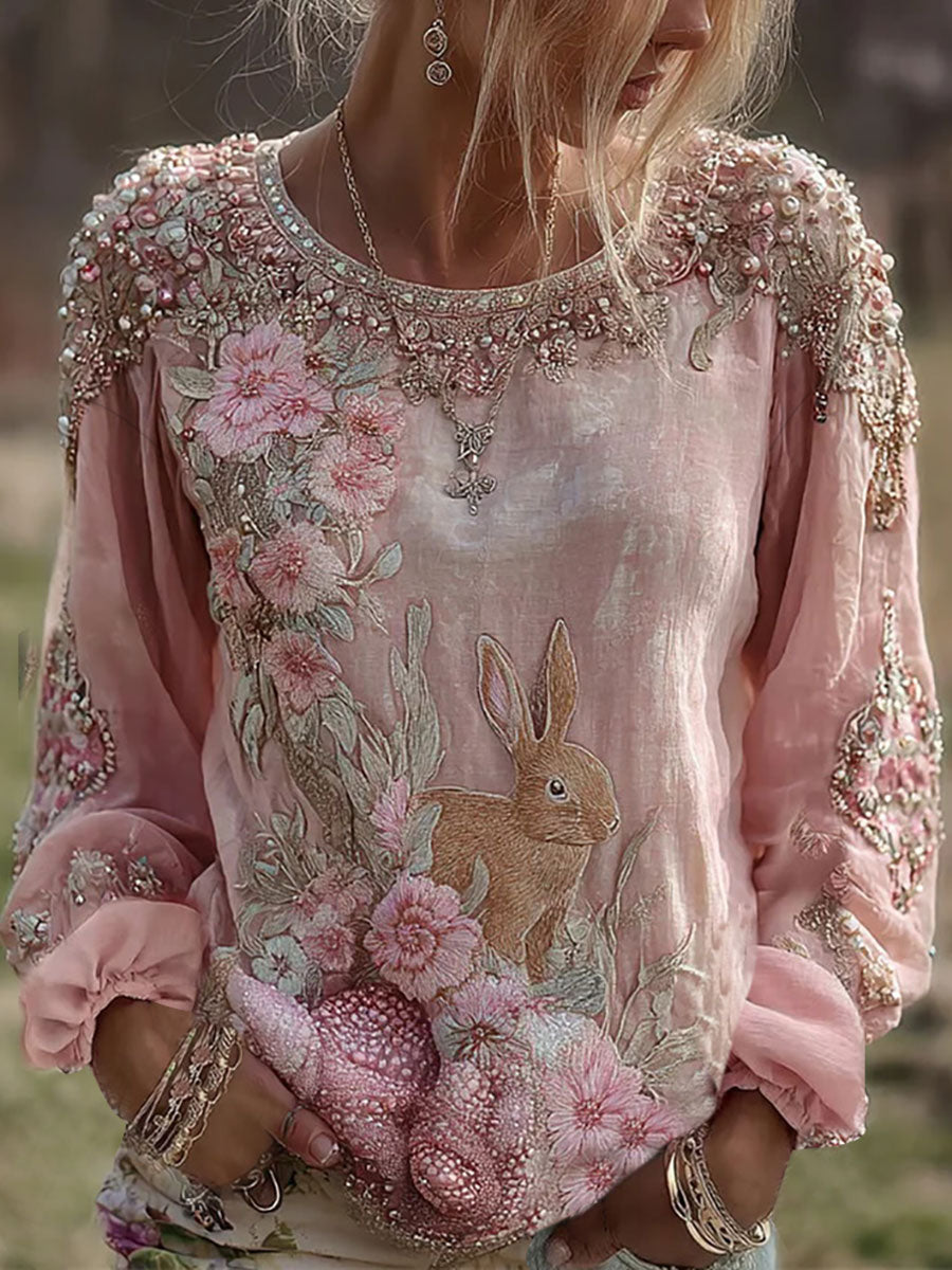 Women Rabbit Floral Print Casual T-Shirt