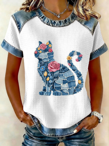 Women's Cat and Flower Print Casual T-Shirt
