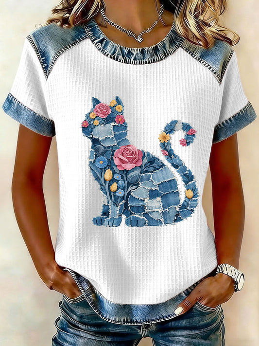 Kvinnors katt och blommar Print Casual T-shirt