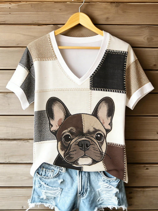 Kvinnors Vintage Canvas Hund Lappverk Tryckt V-hals T-shirt