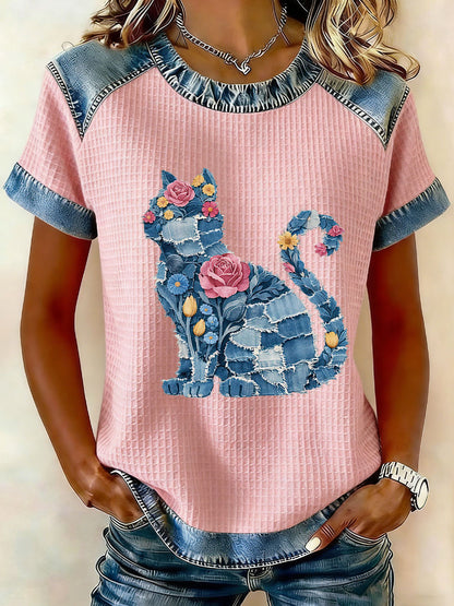 Women's Cat and Flower Print Casual T-Shirt
