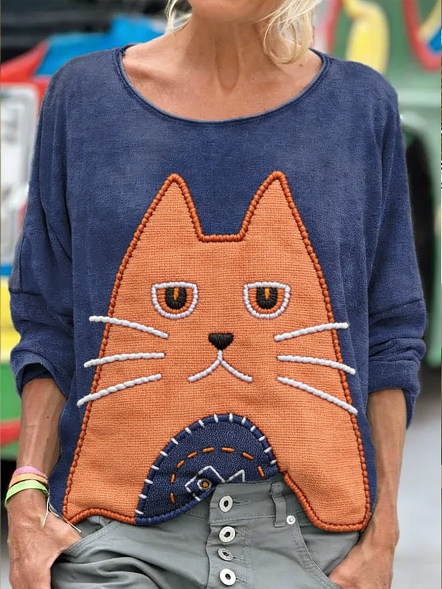 Kvinnors söta katt Patchwork konst tryckt tröjar