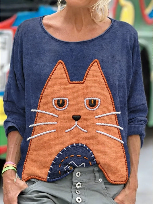 Kvinnors söta katt Patchwork konst tryckt tröjar