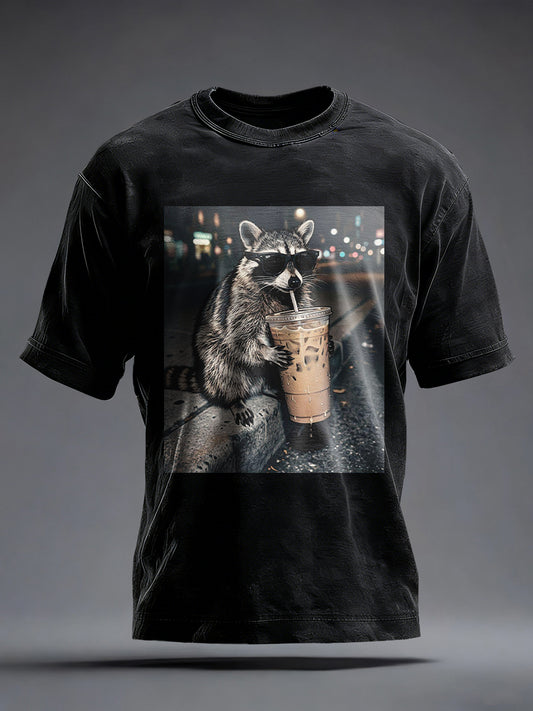 Mäns roliga tvättbjörn dricka iskaffe Print Vintage T-shirt