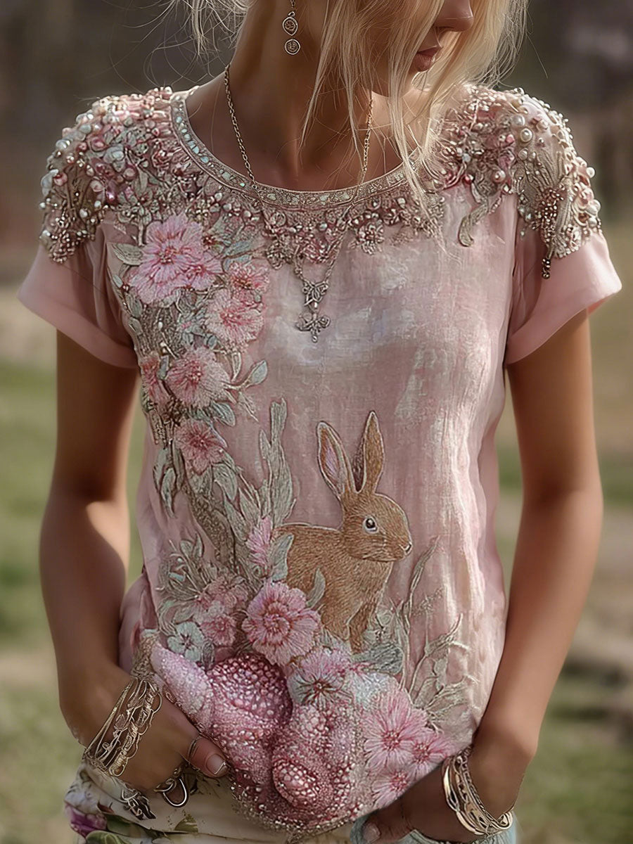 Women Rabbit Floral Print Casual T-shirt