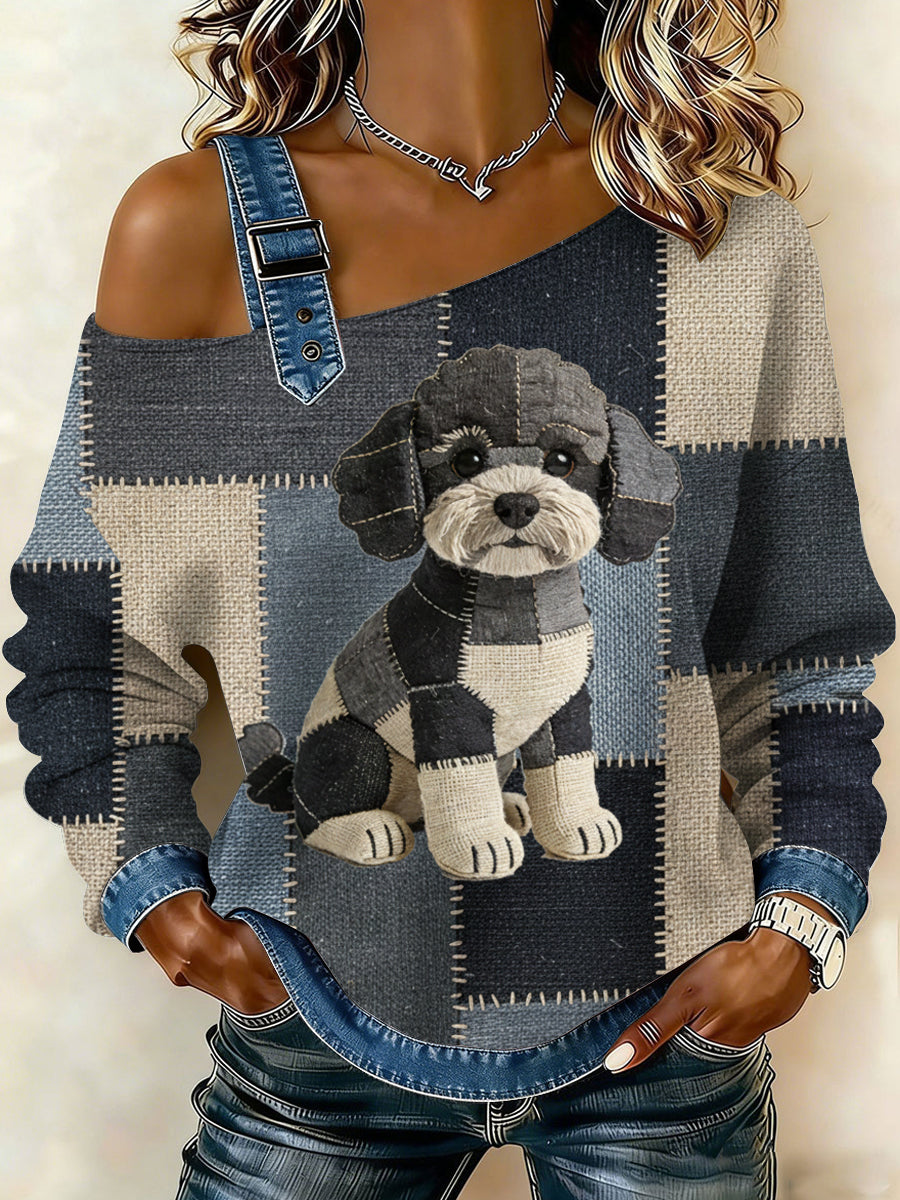 Kvinnors Vintage Canvas hund patchwork Print Casual Off-Shoulder Sweatshirt