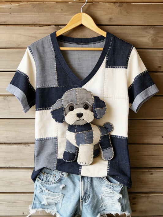 Dams vintage canvast-shirt med hundmönster, paddstickat och tryckt, V-ringning