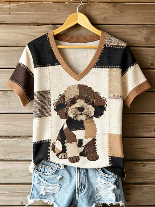 Kvinnors Vintage Canvas Hund Lappverk Tryckt V-hals T-shirt