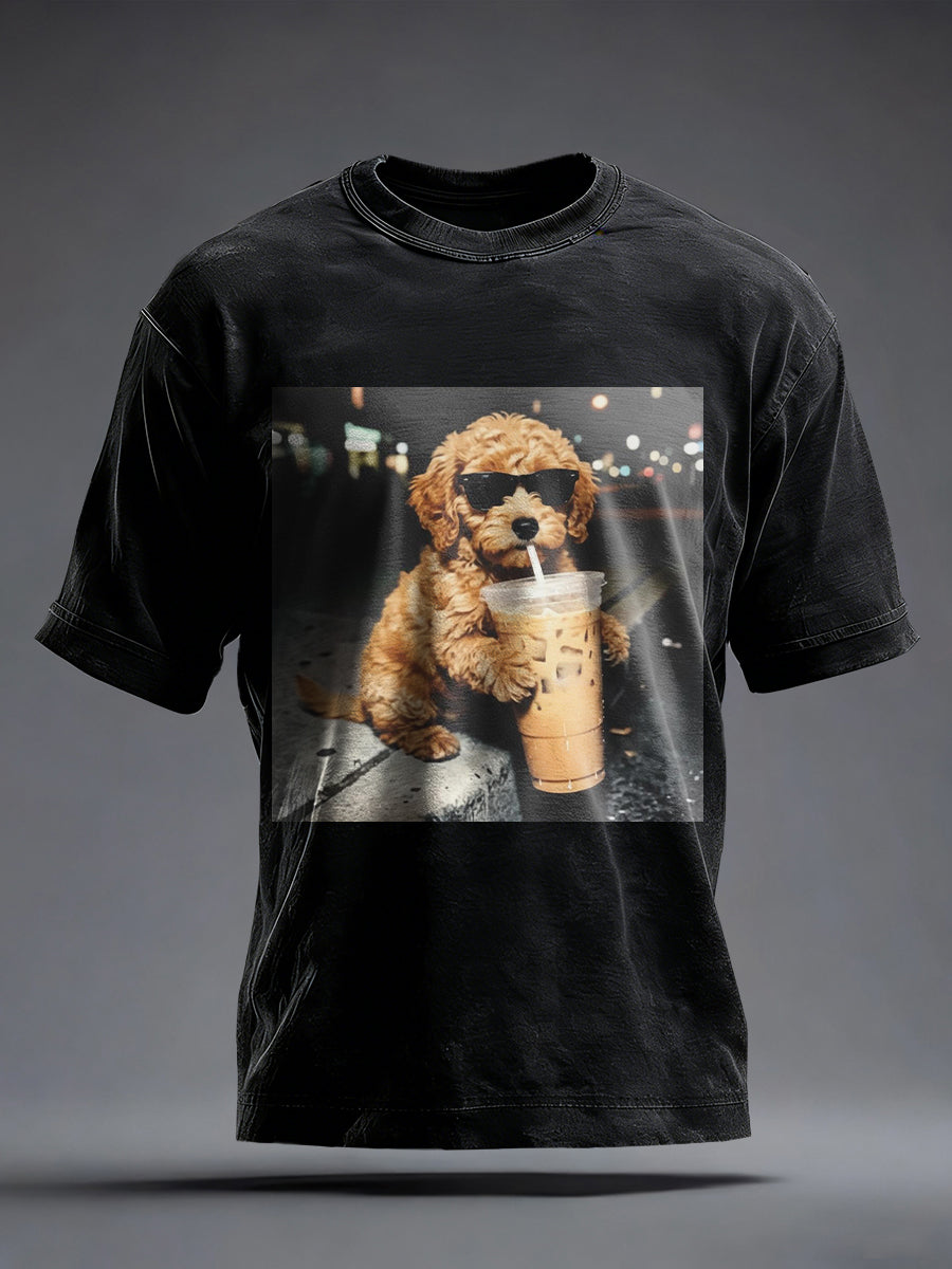 Mäns roliga hund dricka iskaffe Print Vintage T-shirt