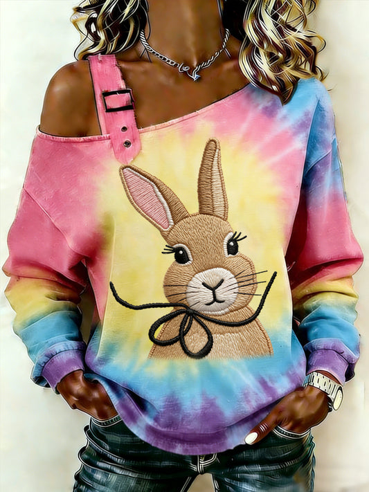 Kvinnors påsk söt Bunny Tie-Dye Print Casual Off-Shoulder Topp