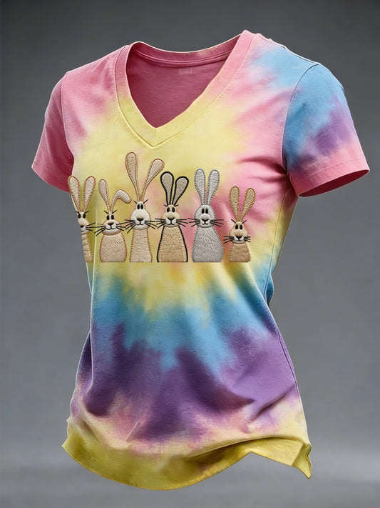 Kvinnors påsk söt Bunny Tie-Dye Print Casual V-Hack Tee