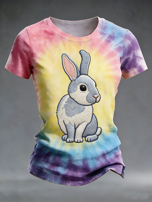 Kvinnors påsk söt Bunny Tie-Dye Print Casual Tee