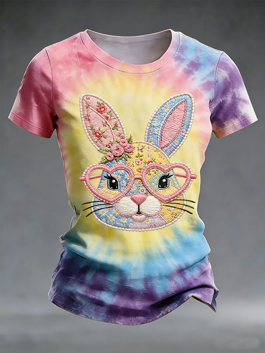 Kvinnors påsk söt Bunny Tie-Dye Print Casual Tee