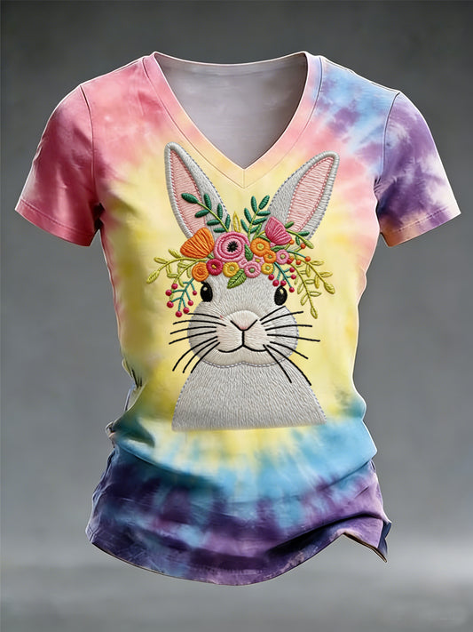 Kvinnors påsk söt Bunny Tie-Dye Print Casual V-Hack Tee