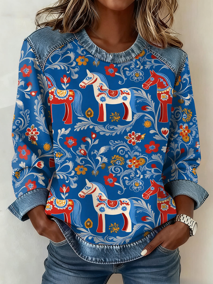 Women's Swedish Dala Horse Art Pattern Sweatshirt