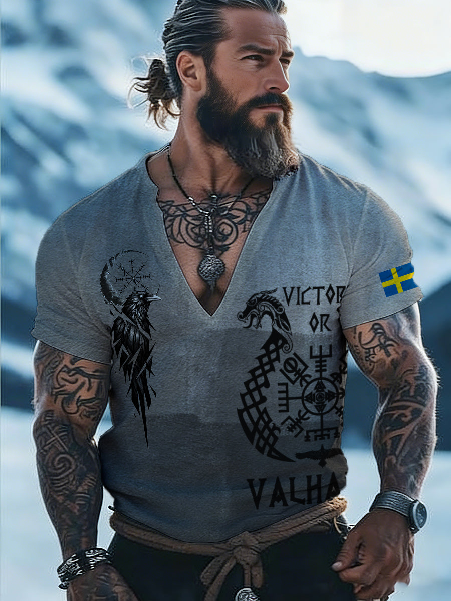 Men's Viking Style Printed V-Neck T-Shirt