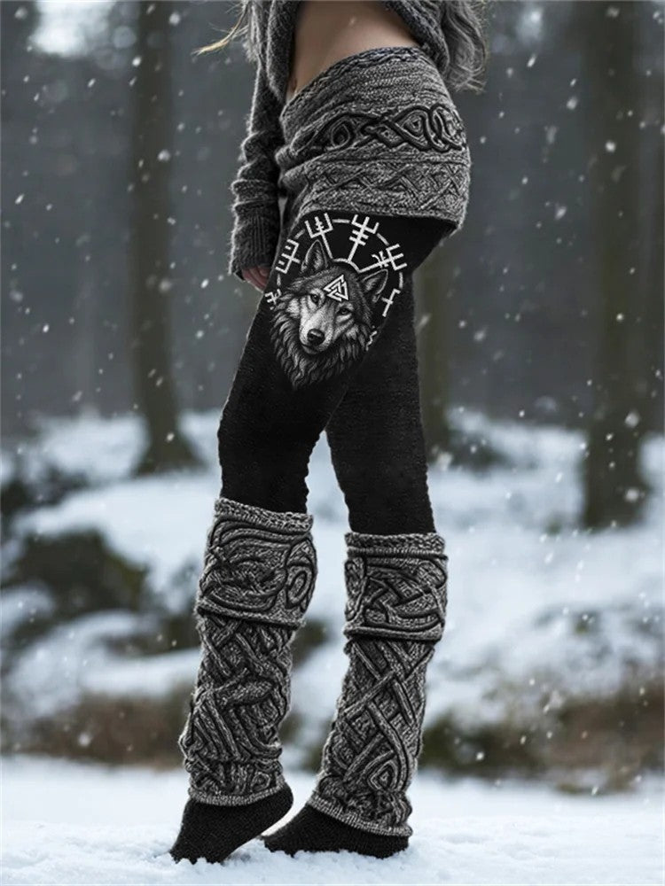 Kvinnor Retro Viking Runes Nordic Wolf Knop Sport Stretch Leggings
