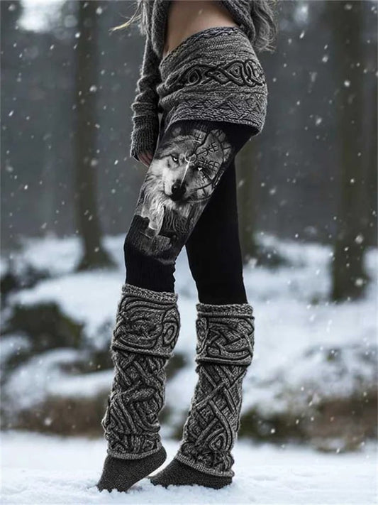 Women's Retro Viking Runes Nordic Wolf Knot Sports Stretch Leggings