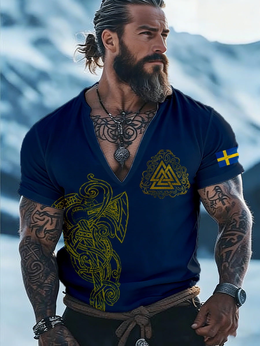 Men's Viking Style Printed V-Neck T-Shirt