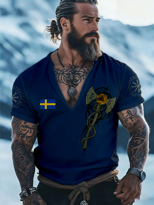 Men's Viking Style Printed V-Neck T-Shirt