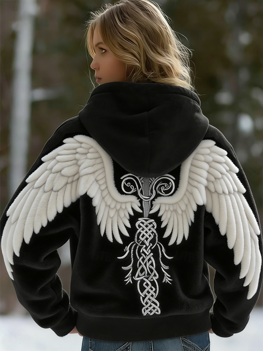 Women's Retro Viking Nordic Wings Celtic Knot Flannel Hooded Jacket