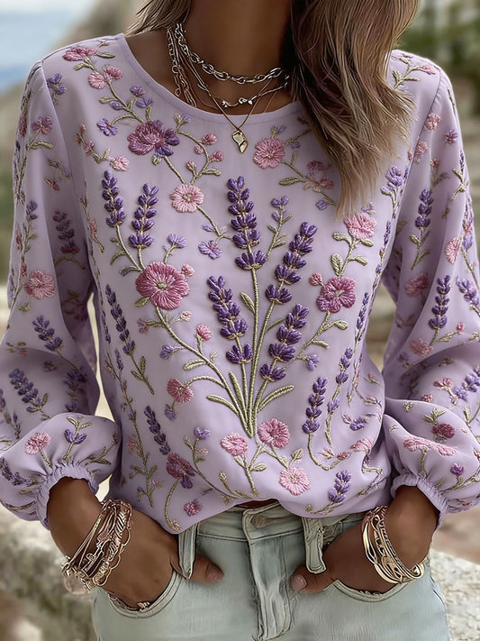 Women Lavender Floral Art Print Casual T-Shirt