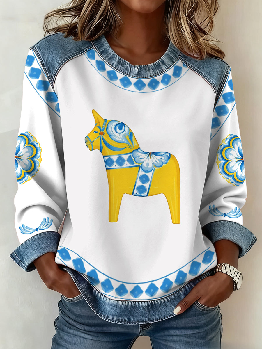 Women's Swedish Dala Horse Art Pattern Sweatshirt