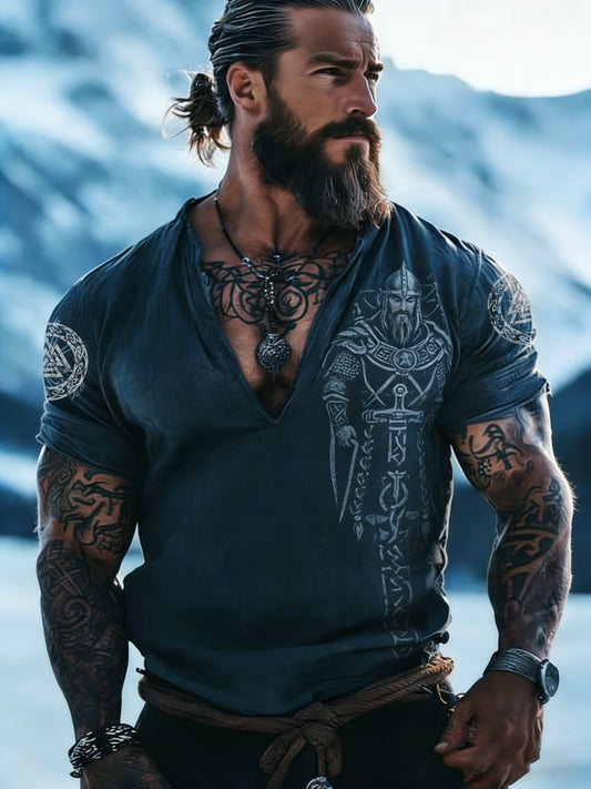 Men's Swedish Viking-themed Print V-Neck T-shirt