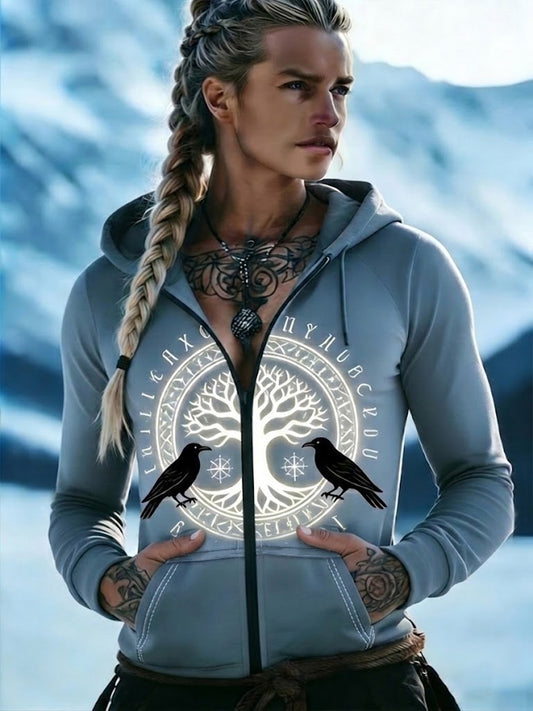 Women's Retro Viking Celtic Culture Raven Rune Casual Stand Collar Zipper Jacket