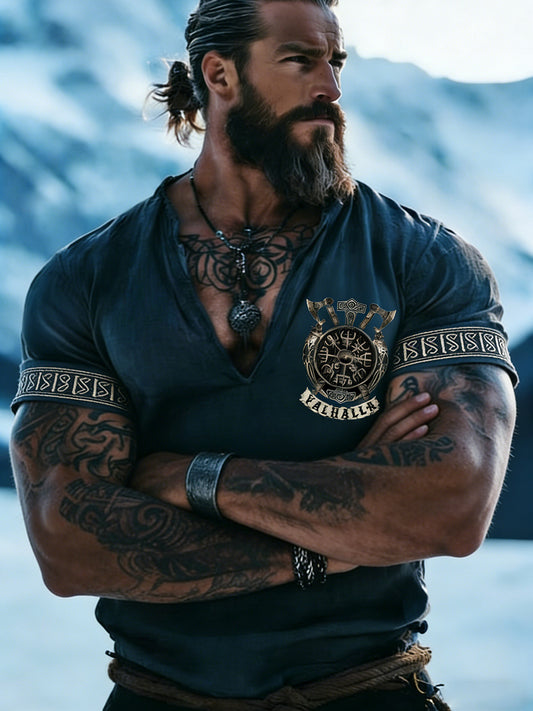 Men's Swedish Viking-themed Print V-Neck T-shirt