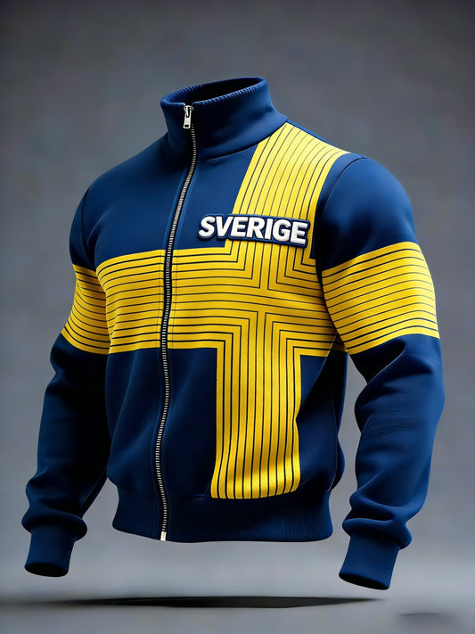 Retro Viking Swedish flag badge casual sporty stand-up collar jacket