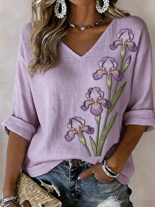 Women's Iris Flower Embroidery Pattern Linen Blend Shirt