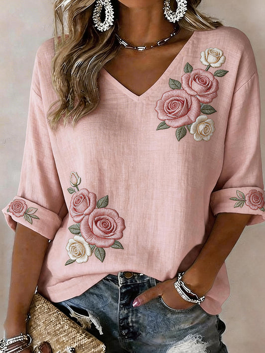 Women's Romantic Rose Embroidery Pattern Linen Blend Shirt
