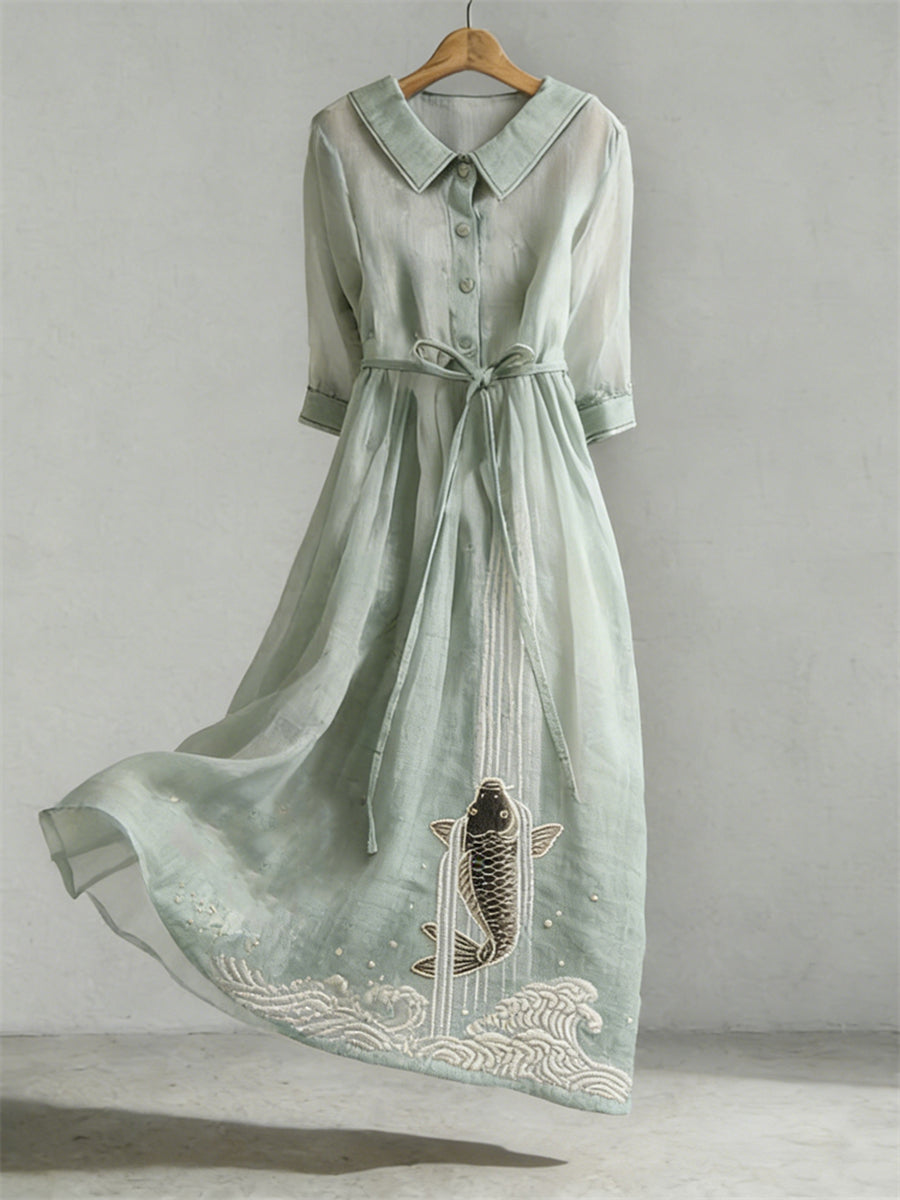 Women's Japanese Art Koi Embroidery Pattern Linen Blend Dress