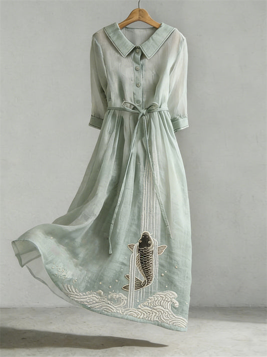 Women's Japanese Art Koi Embroidery Pattern Linen Blend Dress