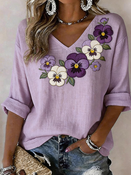 Women's Pansy Floral Embroidered Pattern Linen Blend Shirt