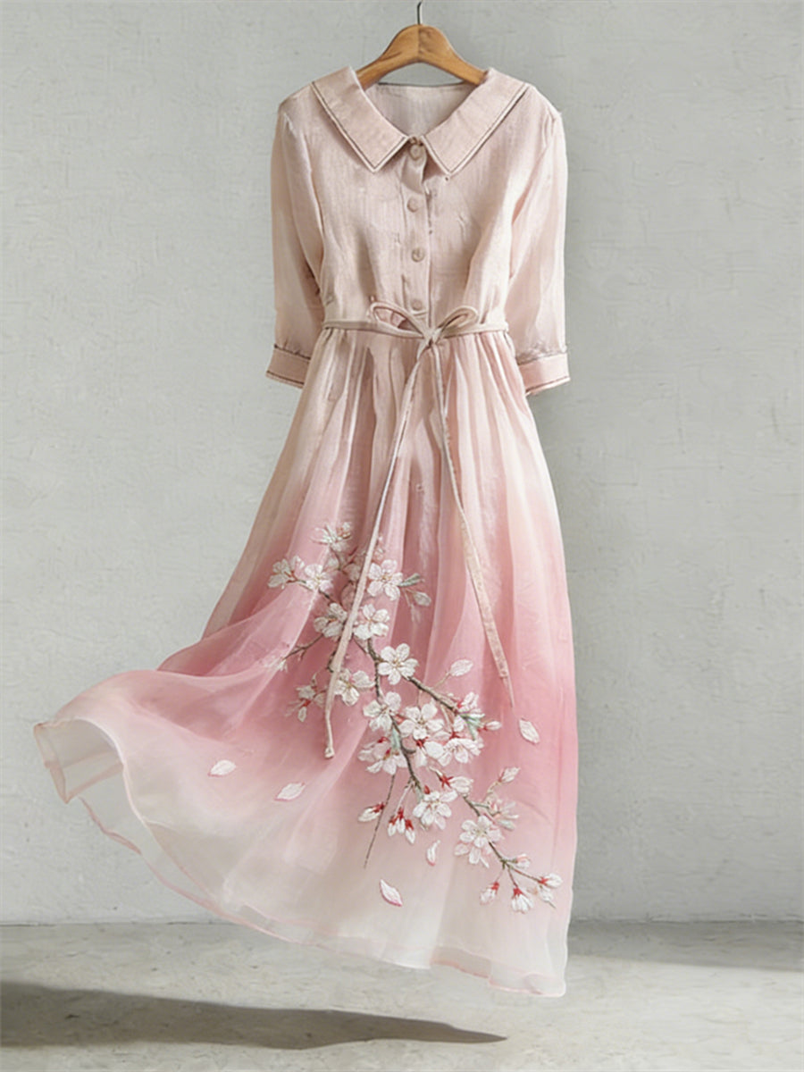 Women's Cherry Blossom Embroidery Pattern Linen Blend Dress