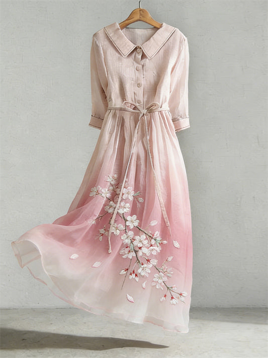 Women's Cherry Blossom Embroidery Pattern Linen Blend Dress