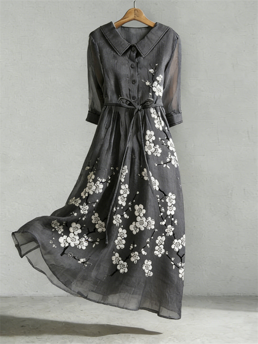 Women's Floral Embroidery Pattern Linen Blend Dress