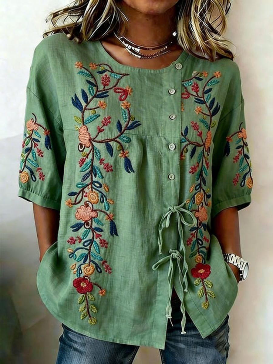 Women's Plants and Flowers Buttoned and Lace-Trimmed Linen Blend Shirt