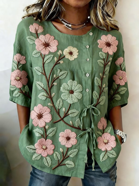 Women's Plants and Flowers Buttoned and Lace Linen Blend Shirt