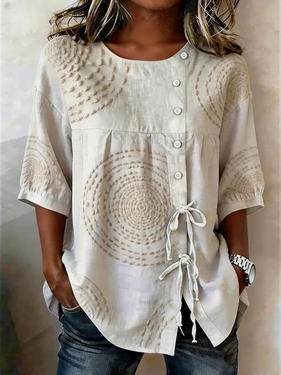 Women's Geometric Pattern Buttoned and Pointed Linen Blend Shirt