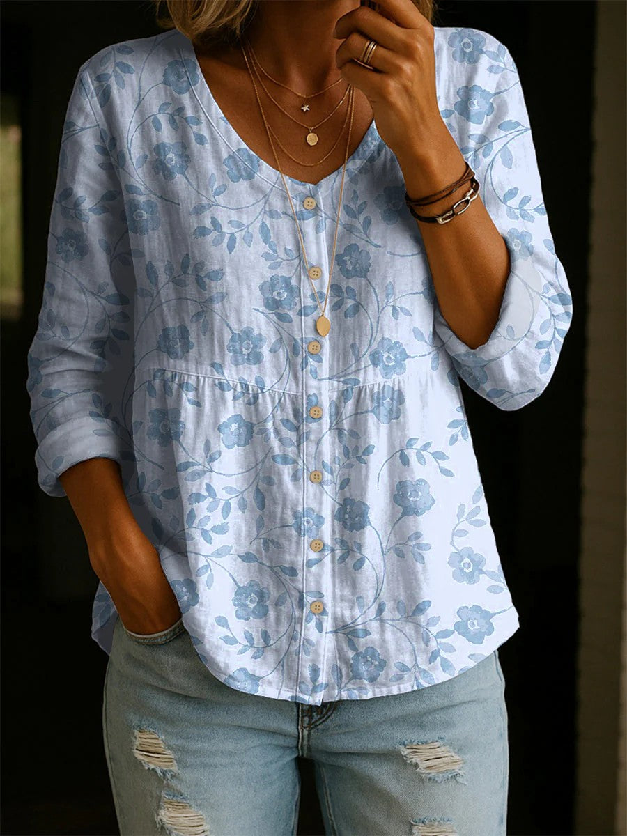 Women's Floral Pattern Art Print Casual Cotton Linen Shirt
