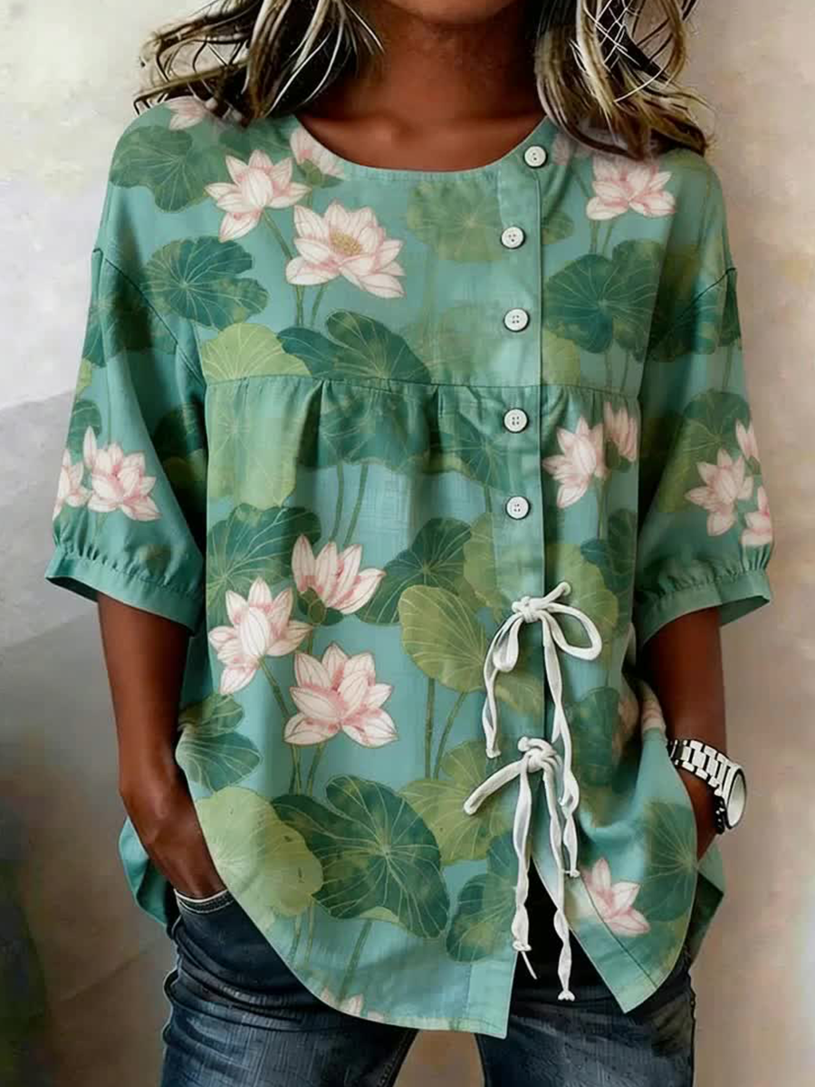 Women's Plants and Flowers Buttoned and Pointed Linen Blend Shirt