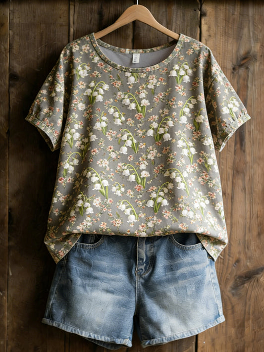 Women's shirt with printed plant and flower pattern, casual style