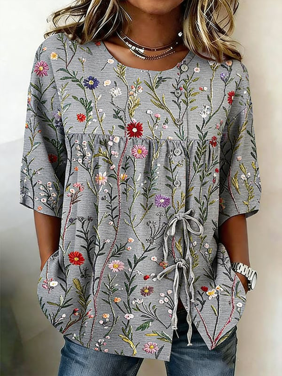 Women's Plants and Flowers Buttoned and Lace Linen Blend Shirt