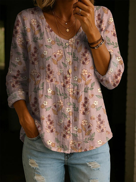 Women's Floral Pattern Art Print Casual Cotton Linen Shirt